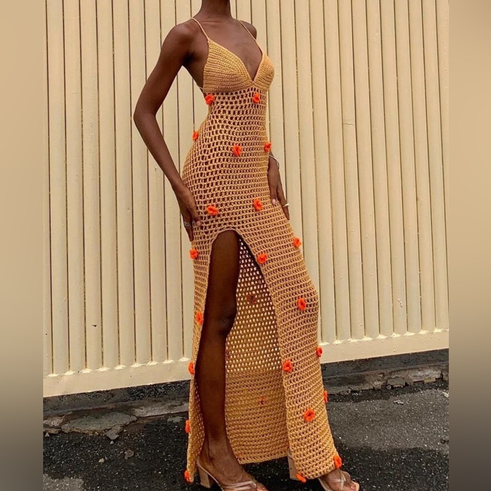 Sunsets In Havana Soft Cotton Daisy Appliqué Crochet Knit Maxi, Bikini Cover Up